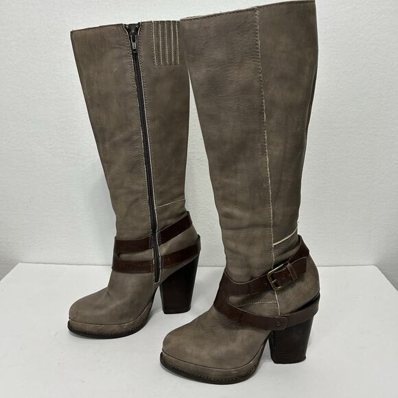 Seychelles Heeled Leather Boots Knee Highs Platform Size 7 Gray Buckle - Picture 1 of 13